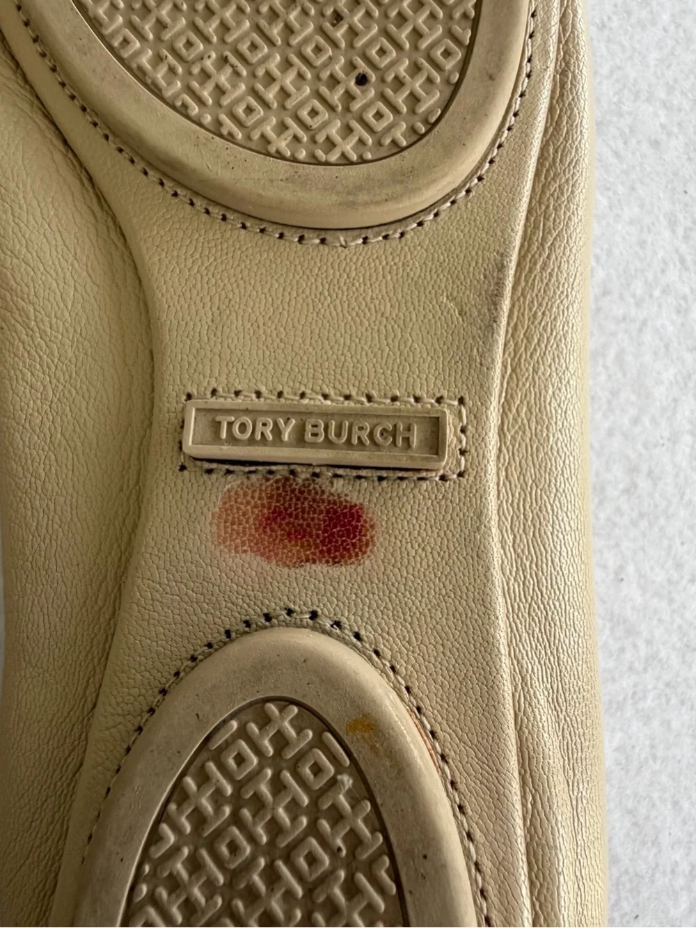 Tory Burch Minnie Travel Ballet Flats Beige Leather Crystal Pave Logo
